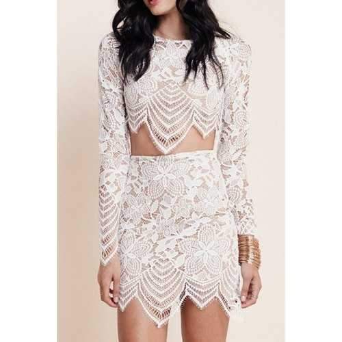 Sexy Lace Long Sleeve T-Shirt And Skirt Suit For Women - White M