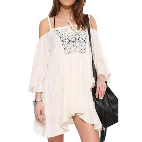 Stylish Spaghetti Straps 3/4 Sleeve Hollow Spliced Women's Dress - White S