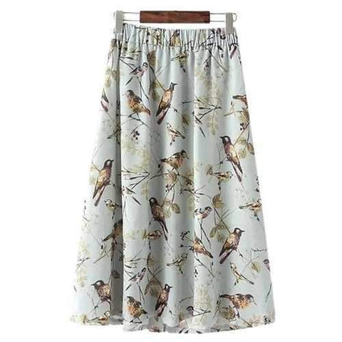 Stylish High Waisted Full Bird Print A Line Women's Skirt - White One Size(fit Size Xs To M)