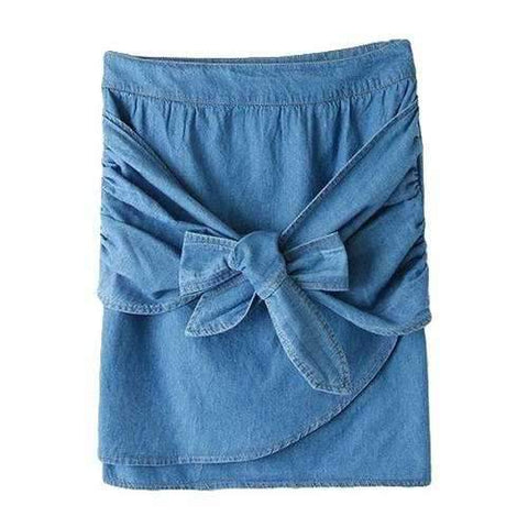 Stylish High Waisted Blue Denim Self-Tie Women's Skirt - Blue L