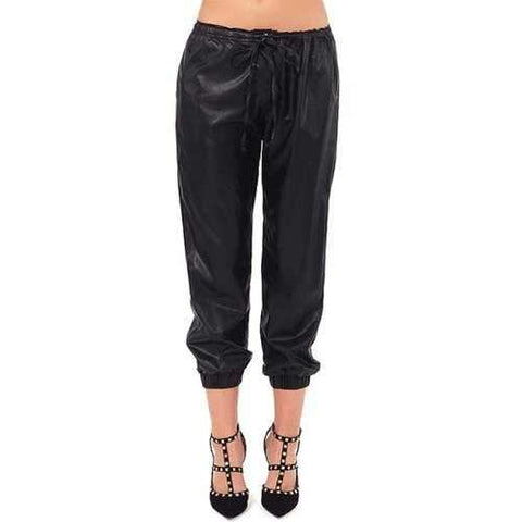 Fashionable Solid Color PU Leather Tie-Up Pants For Women - Black Xl