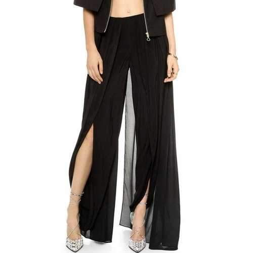 Fashionable Solid Color High Slit Elastic Waist Pants For Women - Black S