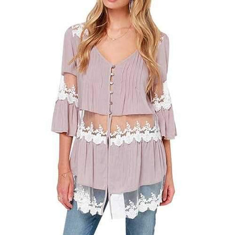 Stylish V Neck 3/4 Sleeve Lace Spliced Women's Blouse - Purple S