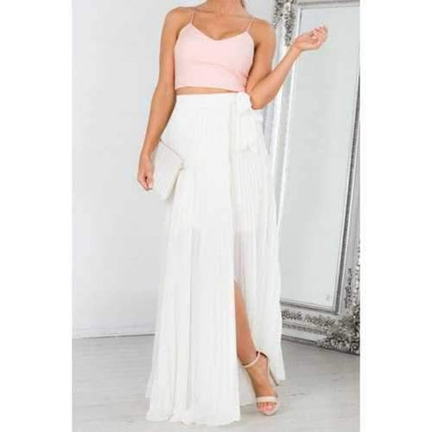 Elegant Style High-Waisted High Slit Pleated Tie-Up White Women's Maxi Skirt - White S