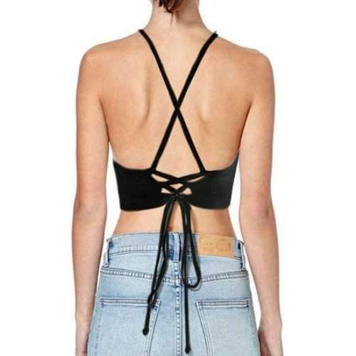 Sexy Strappy Solid Color Criss-Cross Backless Crop Top For Women - Black S