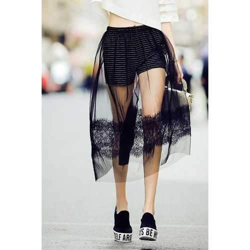 Stylish A Line Black Lace Spliced Women's Skirt - Black L