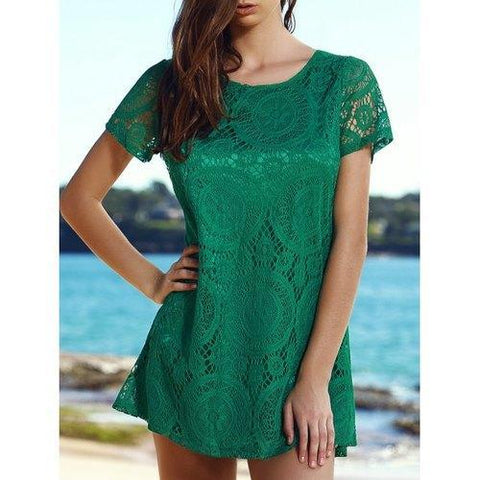 Stylish Round Collar Short Sleeve Solid Color Lace Women's Dress - Green S