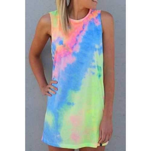 Sweet Style Round Neck Sleeveless Tie-Dyed Colorful Women's Mini Dress - S