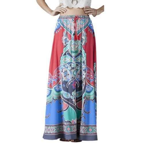 Ethnic Style High-Waisted Printed Drawstring Design Women's Long Skirt - S