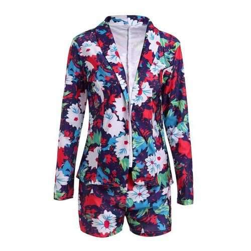 Shawl Collar Long Sleeve Floral Print Blazer + High-Waisted Shorts Women's Suits - L