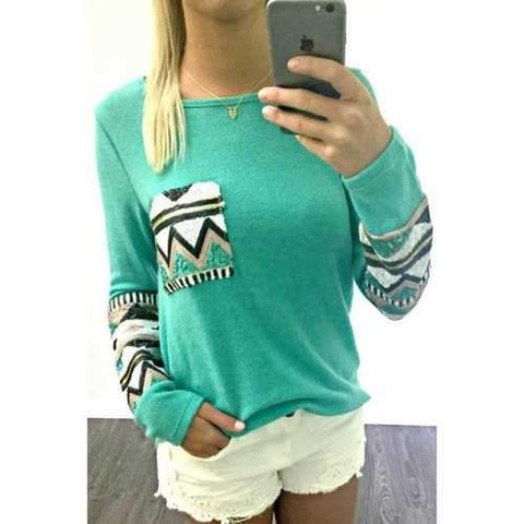 Stylish Round Neck Long Sleeve Spliced Sequins Loose-Fitting Women's T-Shirt - Water Blue M