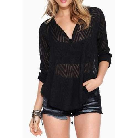 Stylish V Neck Long Sleeve Zig Zag Black Women's Blouse - Black M