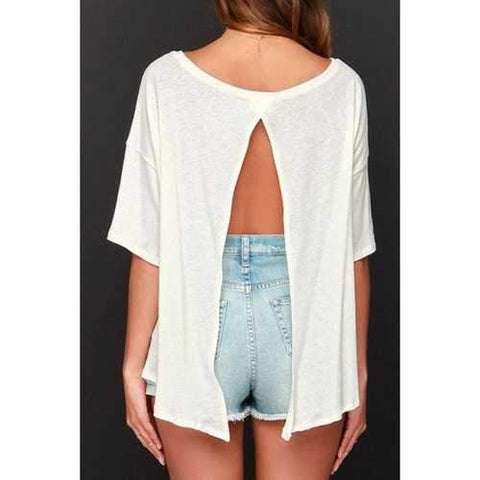 Casual Style Scoop Neck Half Sleeve White Backless Women's T-Shirt - White Xl