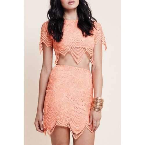 Fashionable Jewel Neck Floral Pattern Short Sleeve Crop Top + Mini Skirt For Women - Orangepink M