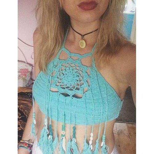 Stylish Round Neck Sleeveless Hollow Out Fringed Women's Crop Top - Blue One Size(fit Size Xs To M)