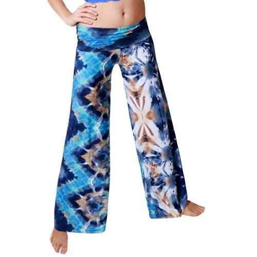 Stylish Elastic Waist Printed Wide Leg Colored Women's Exumas Pants - Blue L