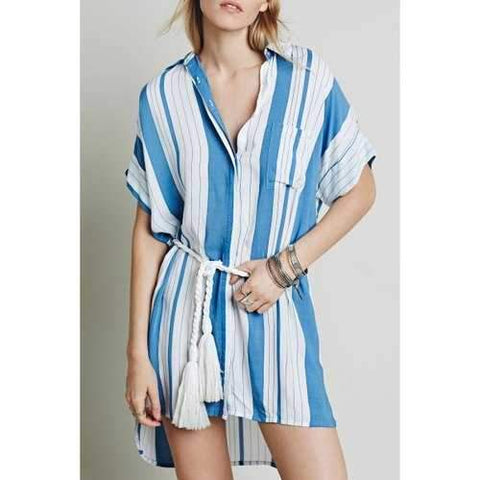 Stylish White Blue Batwing Sleeve Striped High Low Women's Dress - Blue And White S