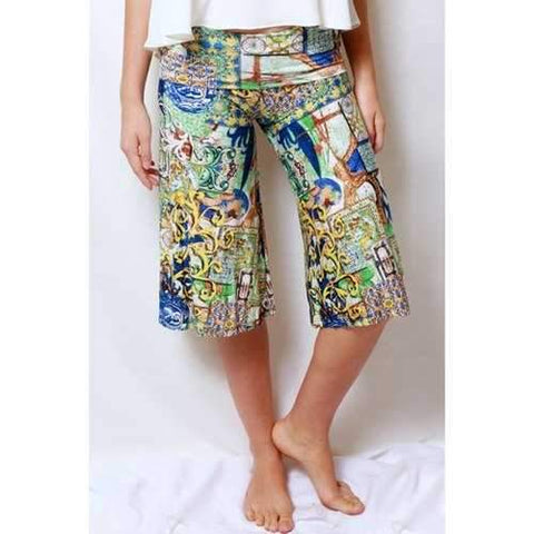 Stylish Elastic Waist Vintage Print Women's Fifth Pants - Green S