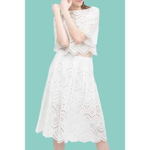 Trendy Round Neck Half Sleeve White Openwork Lace Hook Crop Top and Skirt Women's Suit - White M