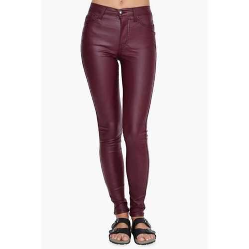 Stylish Narrow Feet Solid Color PU Leather Women's Pants - Dark Red Xl