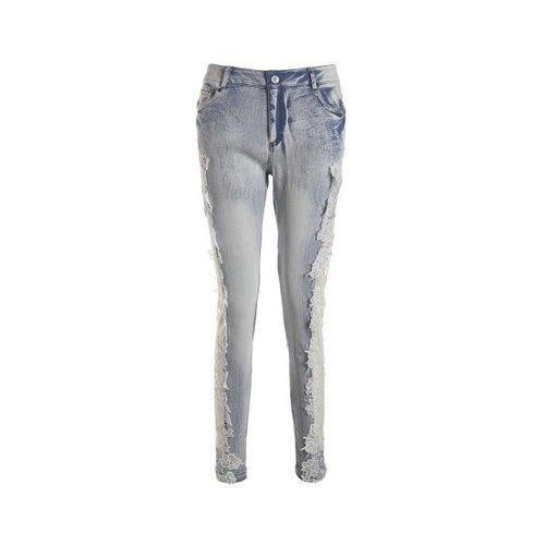 Lace Insert Skinny Cigarette Jeans - Light Blue L