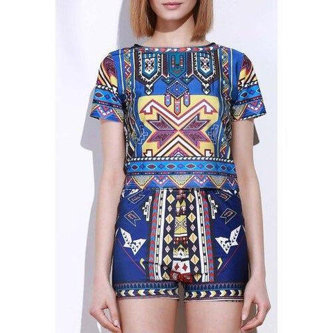 Vintage Geometric Printed Short T-Shirt+High Waist Shorts Twinset For Women - S