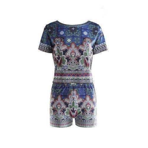 Retro Style Abstract Printed Short T-Shirt+High Waist Shorts Twinset For Women - S