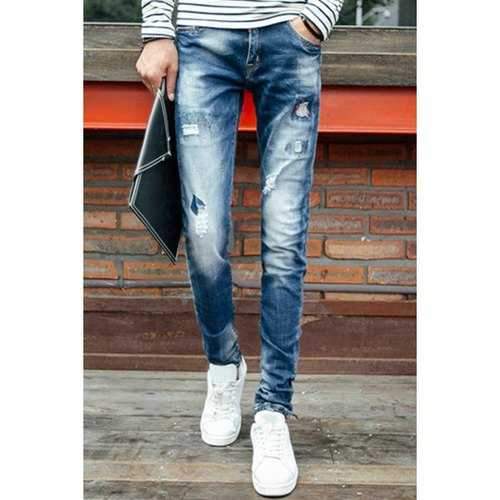 Street Style Narrow Feet Pocket and Special Patch Snow Wash Slimming Men's Zipper Fly Jeans - Blue 34