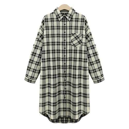 Casual Turn-Down Collar Draped Sleeve Single-Breasted Plaid Women's Midi Dress - White And Black 5xl