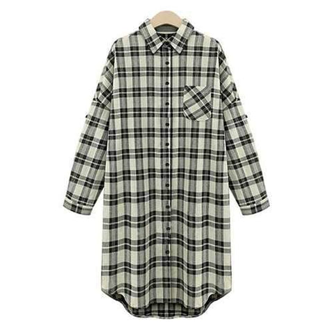 Casual Turn-Down Collar Draped Sleeve Single-Breasted Plaid Women's Midi Dress - White And Black 5xl