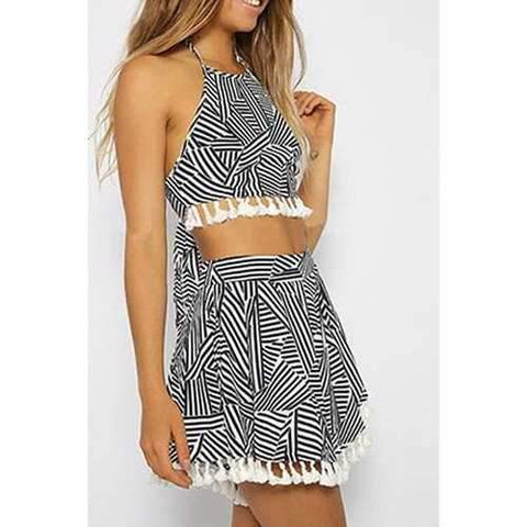 Stylish Halter Stripes Spliced Crop Top and Skirt Women's Suit - White And Black Xl