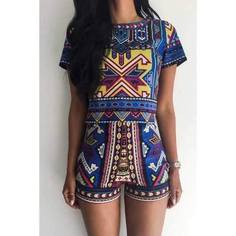 Fashionable Jewel Neck Colorful Geometric Print Short Sleeve T-Shirt + Shorts For Women - Blue M