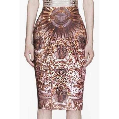 Stylish High Waisted Vintage Print Women's Pencil Skirt - Gold Brown L