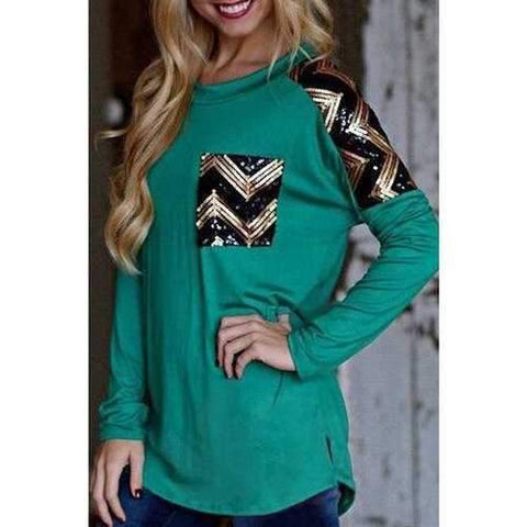 Casual Round Neck Long Sleeve Sequined Women's Green T-Shirt - Green S