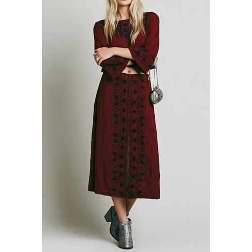 Fashionable Jewel Neck Black Floral Embroidery 3/4 Sleeve T-Shirt + Skirt For Women - Dark Red L