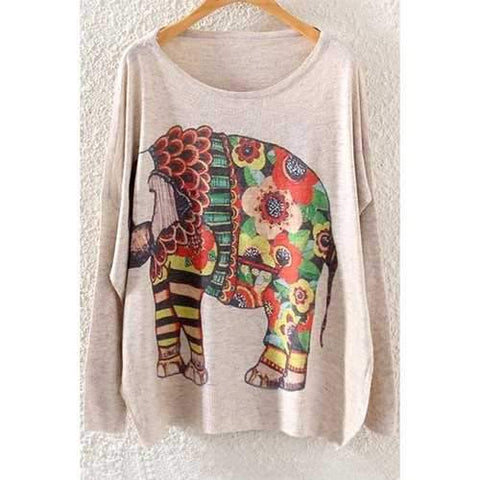 Fashionable Scoop Neck Colorful Elephant Print Long Sleeve Sweater For Women - Off-white One Size(fit Size Xs To M)