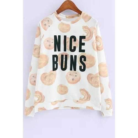 Stylish Round Neck Long Sleeve Cookie Print Women's Sweatshirt - White L