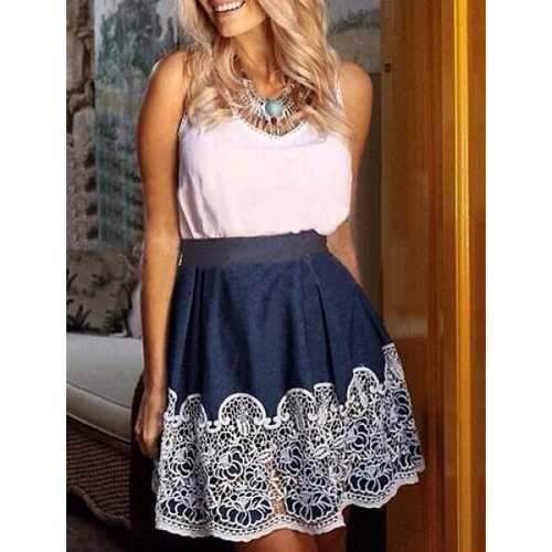 Elegant High-Waisted Lace Spliced Women's Skirt - Blue And White S