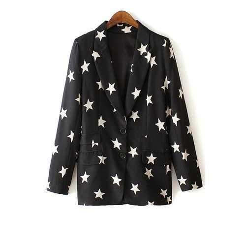 Fashionbale Lapel White Star Print Long Sleeve Blazer For Women - Black Xl