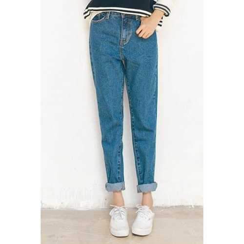 Cute Blue Mid-Waist Sheathy Pencil Jeans For Women - Blue M