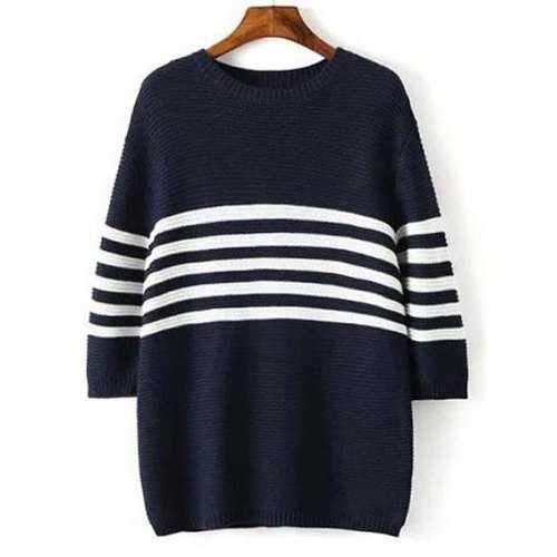 Preppy Style Round Neck Striped 3/4 Sleeve Sweater For Women - Cadetblue S