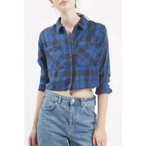 Stylish Shirt Collar 3/4 Sleeve Plaid Crop Top For Women - Blue S