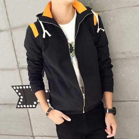 Casual Hooded Color Block Fabric Splicing Elastic Hem Slimming Men's Long Sleeves Coat - Black S