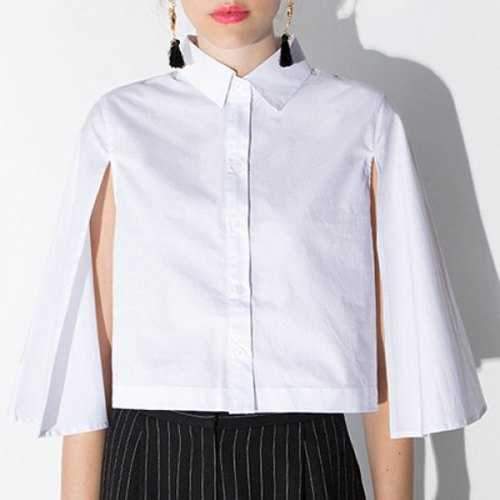 Elegant Shirt Collar Solid Color Caped Crop Top For Women - White L