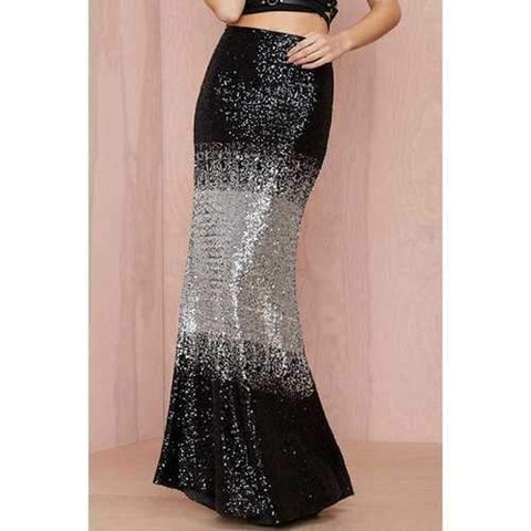 Fashionable Black Silver Splicing Sequins Skirt For Women - Black And Grey S