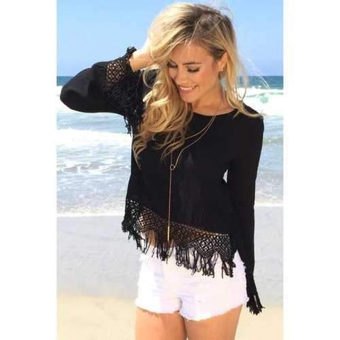 Casual Round Neck Long Sleeve Tassels Spliced Women's Black Chiffon Crop Top - Black S