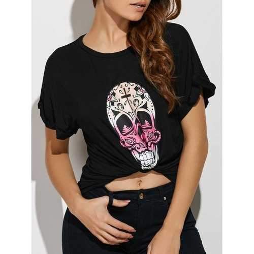 Fashionable Jewel Neck Skull Print Short Sleeve T-Shirt For Women - Black M