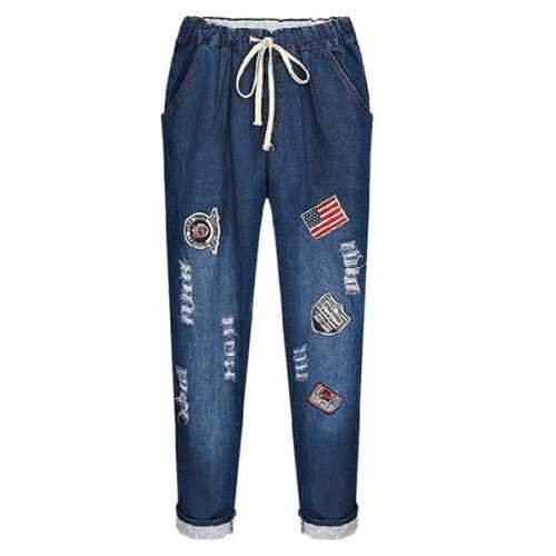 Stylish Embroidered Printed Frayed Elastic Waist Jeans For Women - Deep Blue Xl