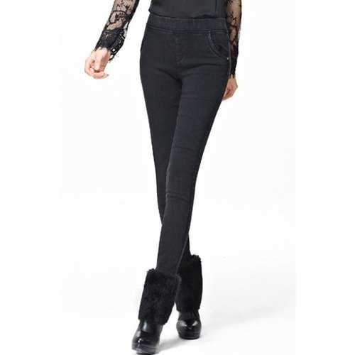 Fashionable Solid Color Flocking Skinny Jeans For Women - Black S