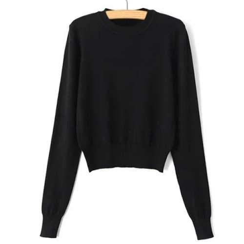 Simple Round Neck Solid Color Long Sleeve Knitwear For Women - Black M